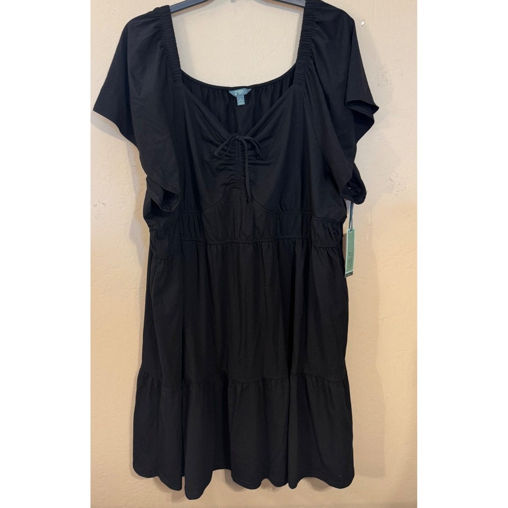 Terra & Sky Mini Dress Womens 4X Black Tiered Flutter Sleeve Cottage Stretch NEW